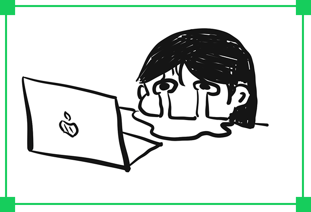 Sketch of a person researching at a laptop